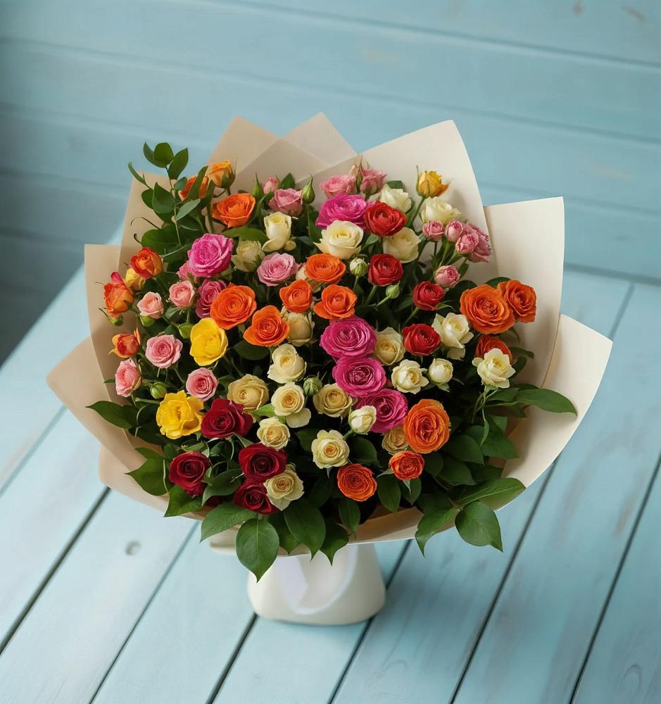 Букет Микс из разноцветных кустовых роз в Сеймчане